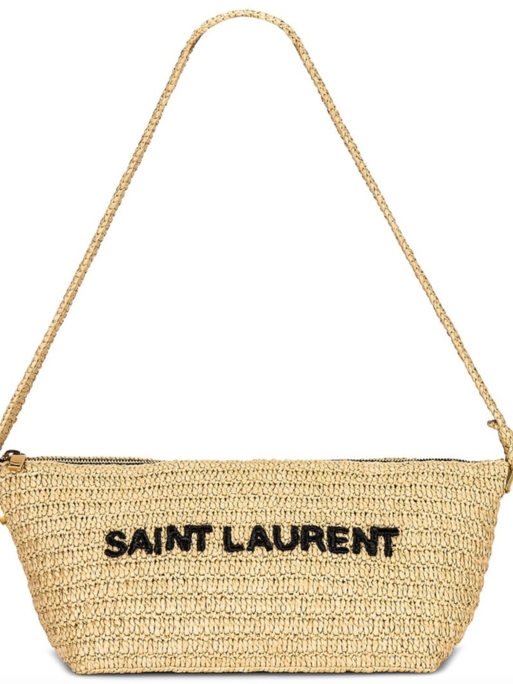 Saint Laurent YSL Le Rafia Beige Black Woven Embroidered Logo Zip Crossbody Bag